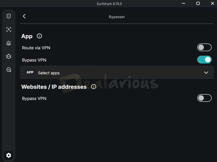 surfshark-bypass-vpn Bypasser settings showing options to route apps through the VPN or bypass the VPN for selected apps and websites.