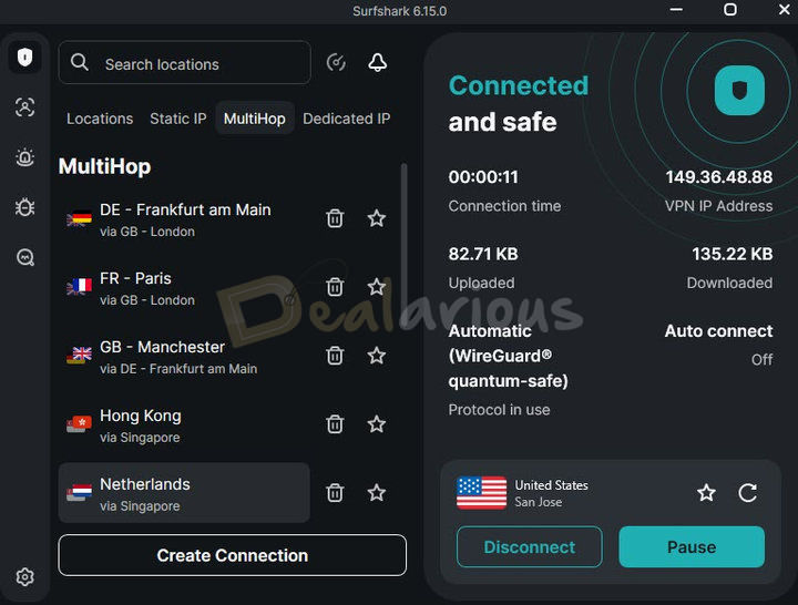 surfshark-multihop Surfshark MultiHop interface showing multiple VPN server combinations and an active VPN connection.