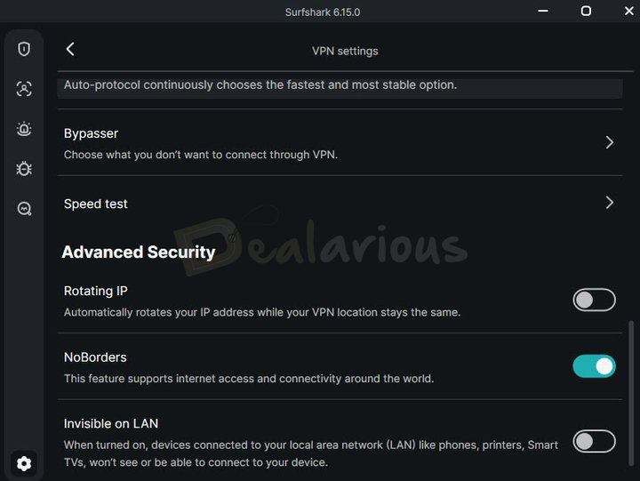surfshark-vpn-advanced-security-setttings Surfshark VPN Advanced Security settings showing Rotating IP, NoBorders, and Invisible on LAN options.