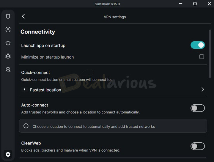 surfshark-vpn-connectivity-settings Surfshark VPN Connectivity settings showing startup, Quick-connect, auto-connect, and CleanWeb options.