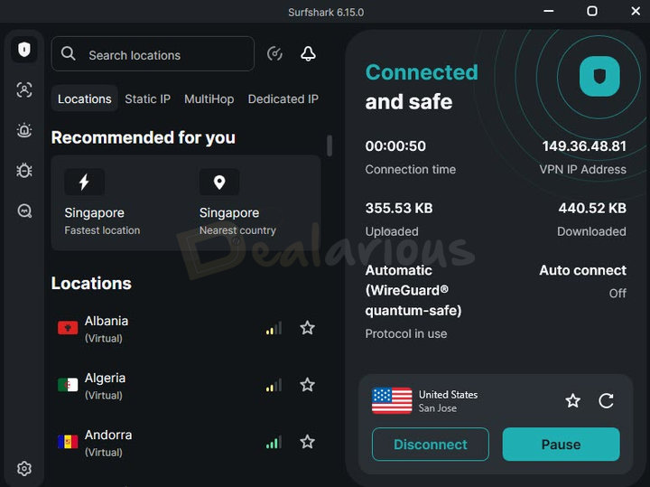 surfshark-vpn-interface Surfshark VPN interface showing recommended locations, available VPN servers, connection status, and connection details.