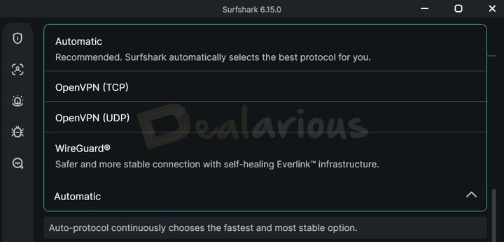 surfshark-vpn-protocols Surfshark VPN protocol settings showing Automatic, OpenVPN TCP, OpenVPN UDP, and WireGuard options.