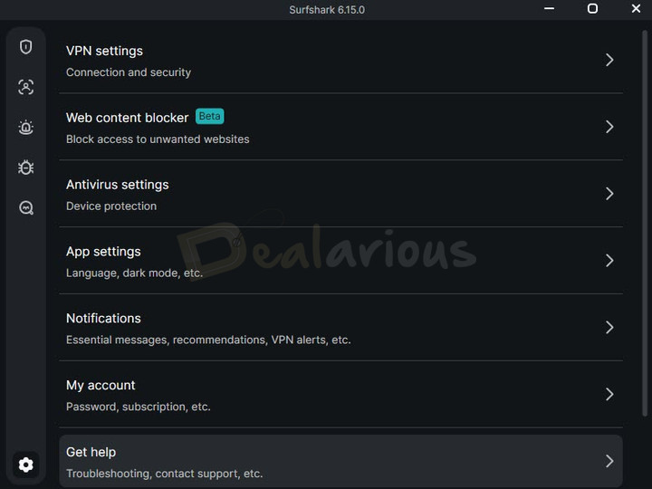 surfshark-vpn-settings Surfshark VPN settings menu showing VPN, web content blocker, antivirus, app settings, notifications, account, and help options.