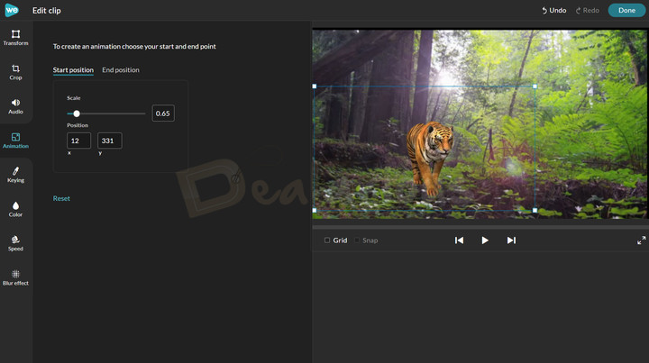 wevideo-animation WeVideo editor animation controls showing start and end positions with scale and position settings.
