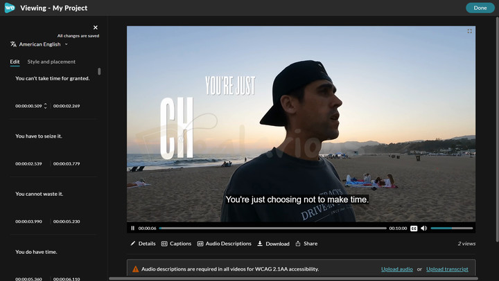 wevideo-auto-subtitles WeVideo auto subtitles with editable caption text and timestamps