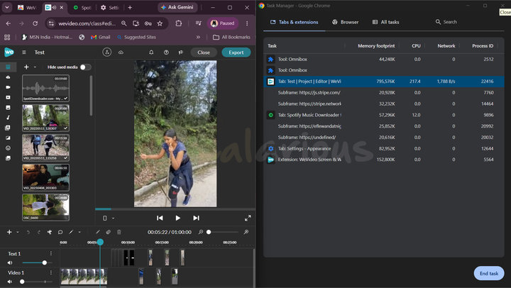 wevideo-editor-cpu-memory-usage WeVideo editor running in Chrome with CPU and memory usage shown in Chrome Task Manager