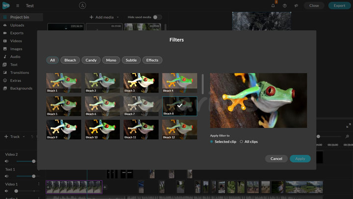 wevideo-filter-options WeVideo video editor showing available filters including Bleach, Candy, Mono, Subtle, and Effects
