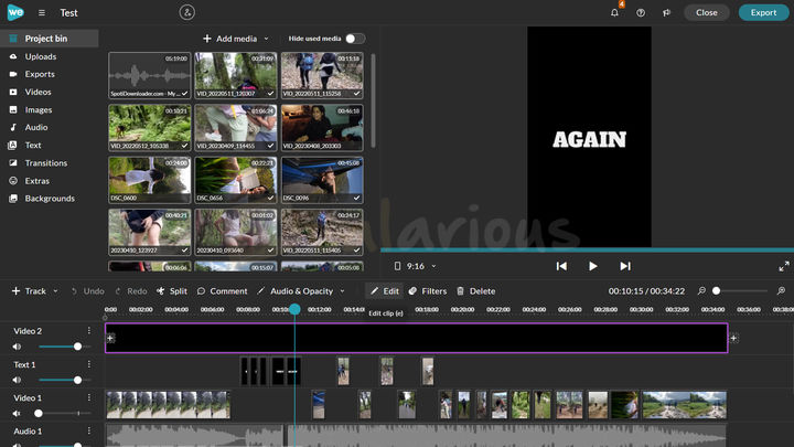wevideo-video-editing-window WeVideo video editor showing the project media library, preview window, editing tools, and video timeline.