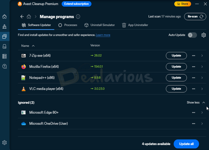 avast-cleanup-premium-outdated-app-detection Avast Cleanup Premium Manage Programs showing four outdated applications available for update, including 7-Zip, Mozilla Firefox, Notepad++, and VLC media player.