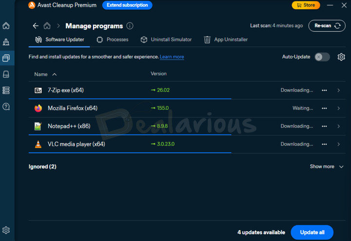 avast-cleanup-premium-software-update-in-progress Avast Cleanup Premium Software Updater downloading updates for 7-Zip, Mozilla Firefox, Notepad++, and VLC media player.