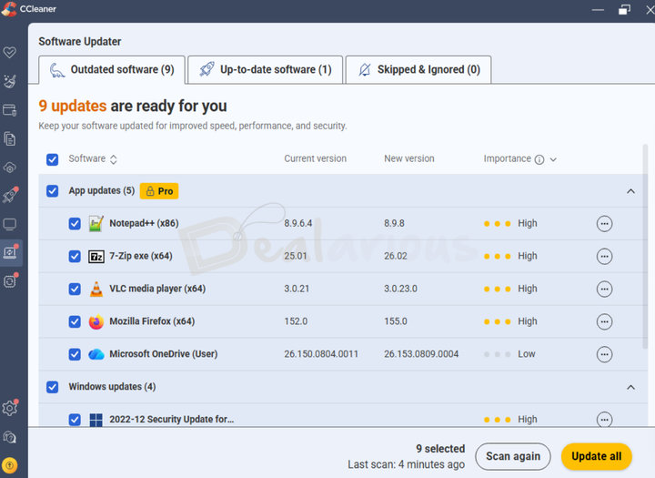 ccleaner-pro-displaying-outdated-apps CCleaner Pro displaying a list of outdated software ready for updates.