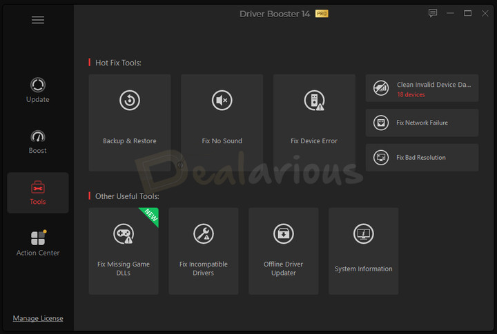 driver-booster-14-pro-tools-tab IObit Driver Booster 14 Pro Tools interface showing Hot Fix Tools and other utilities for fixing device, driver, sound, network, and display issues.