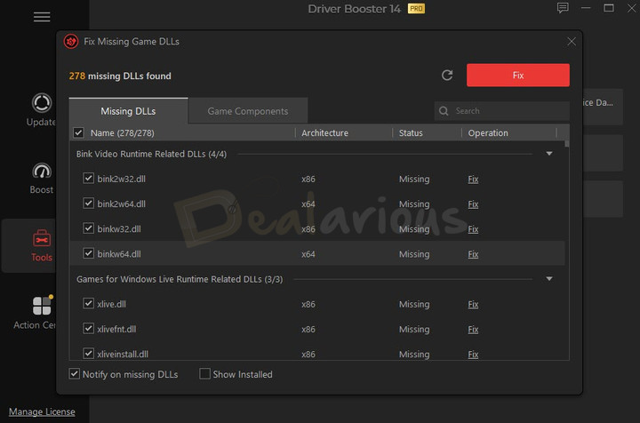 fix-missing-dlls IObit Driver Booster 14 Pro Fix Missing Game DLLs interface showing missing DLL files and options to repair them.