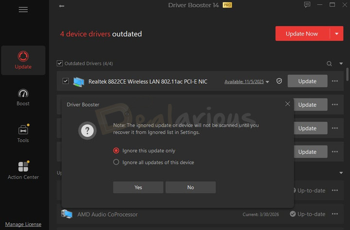 ignore-driver-update-settings IObit Driver Booster Ignore List settings showing options to exclude selected drivers or devices from future scans and updates
