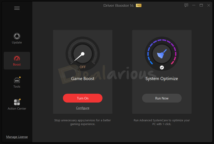 iobit-driver-booster-14-game-boost-performance IObit Driver Booster 14 Pro Boost interface showing Game Boost and System Optimize options for improving PC and gaming performance.