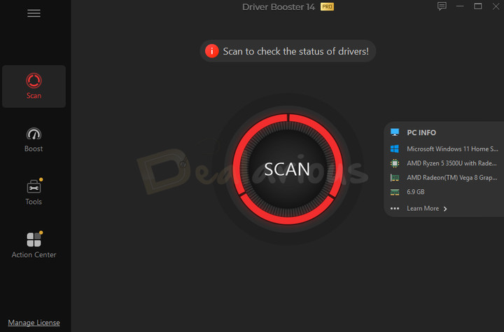 iobit-driver-booster-14-interface Driver Booster 14 main screen showing the Scan option and PC information.