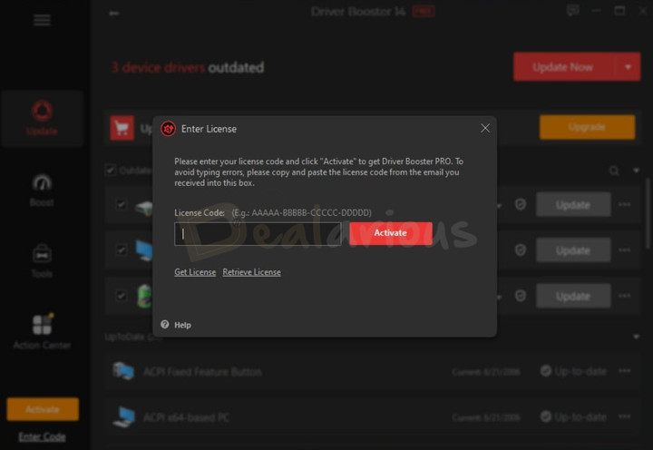 iobit-driver-booster-14-pro-activation Diver Booster 14 Pro activation window with license key entry field.