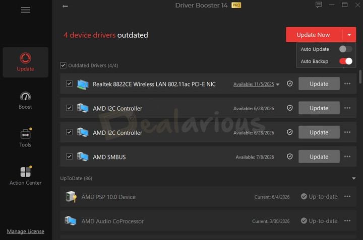 iobit-driver-booster-14-scan-results IObit Driver Booster scan results screen displaying outdated device driver updates with options to update them.