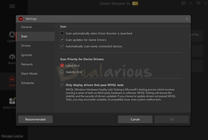iobit-driver-booster-14-scan-settings IObit Driver Booster Scan Settings screen showing options to schedule automatic driver scans and configure scan preferences.