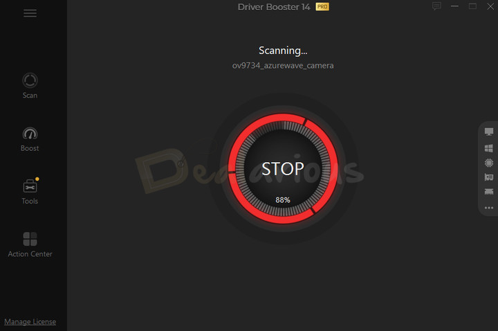 iobit-driver-booster-14-scan-window Screenshot of IObit Driver Booster scanning the PC for outdated drivers.