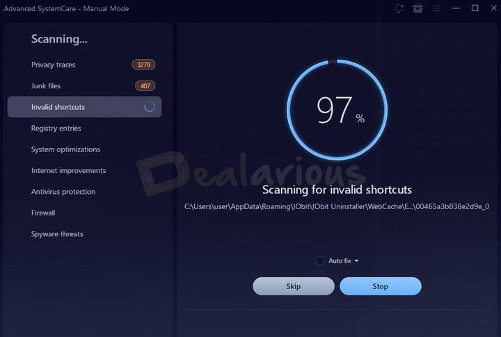 iobit-driver-booster-14-system-optimizer System optimization scan running with Advanced Systemcare launched from IObit Driver Booster