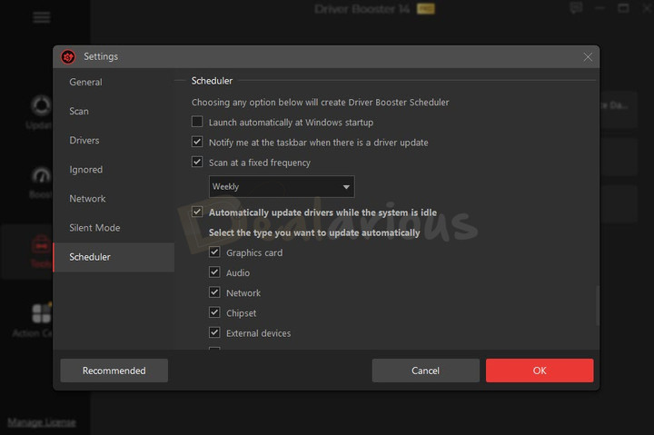 iobit-driver-booster-auto-update-settings Auto Update Settings screen showing options for automatically downloading and installing driver updates