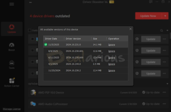 iobit-driver-booster-available-driver-versions IObit Driver Booster 14 showing all available driver versions for a device