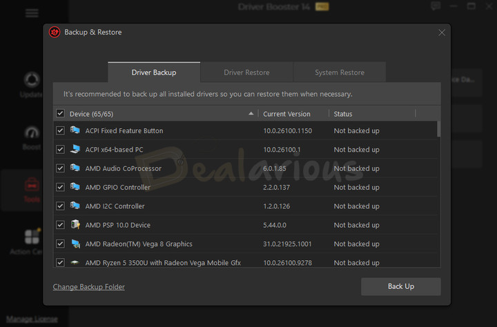 iobit-driver-booster-backup-and-restore IObit Driver Booster Backup & Restore screen for backing up and restoring device drivers.