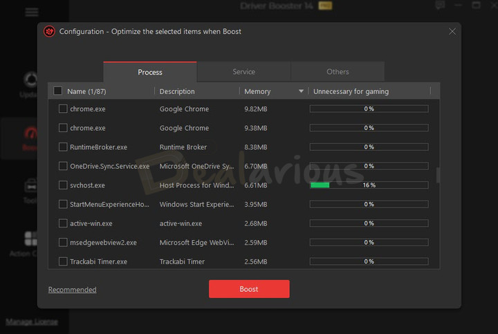 iobit-driver-booster-game-boost-configuration Game Boost configuration screen showing background processes and services that can be optimized for gaming