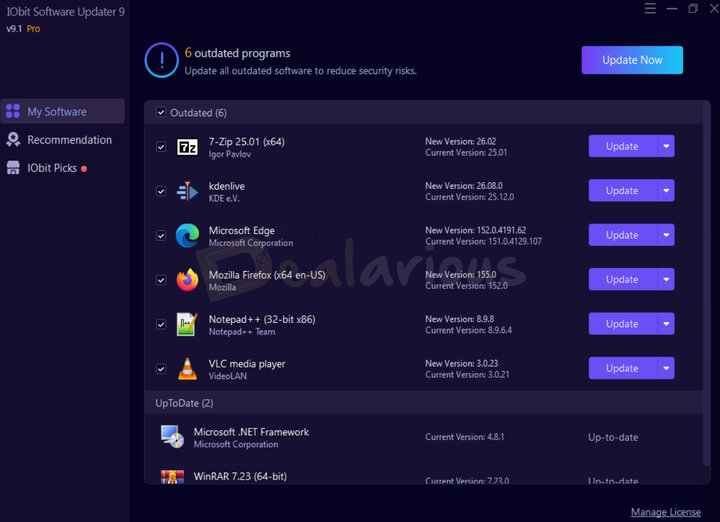 iobit-software-updater-outdated-programs IObit Software Updater 9 showing six outdated programs available for update