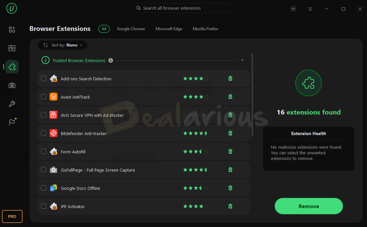 iobit-uninstaller-browser extensions removal IObit Uninstaller 16 Pro displaying installed browser extensions with options to remove them and extension health.