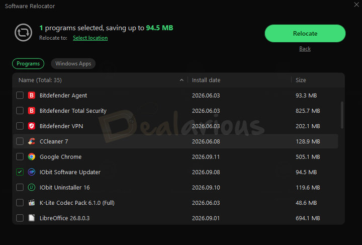 iobit-uninstaller-software relocator IObit Uninstaller 16 Software Relocator showing installed programs that can be moved to another drive.