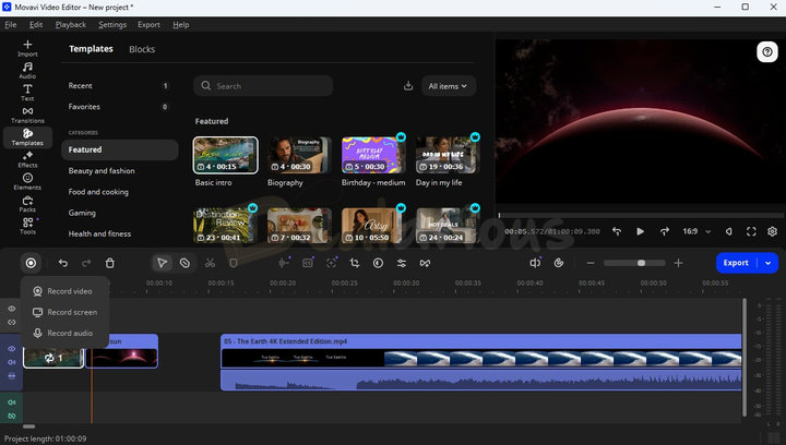 movavi-video-suite-27-video-editor-workspace Movavi Video Suite 27 Video Editor workspace showing the Templates panel, video preview, and timeline with a 4K video clip and audio track.