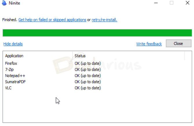 ninite-apps-up-to-date-status Ninite showing Firefox, 7-Zip, Notepad++, SumatraPDF, and VLC as up to date