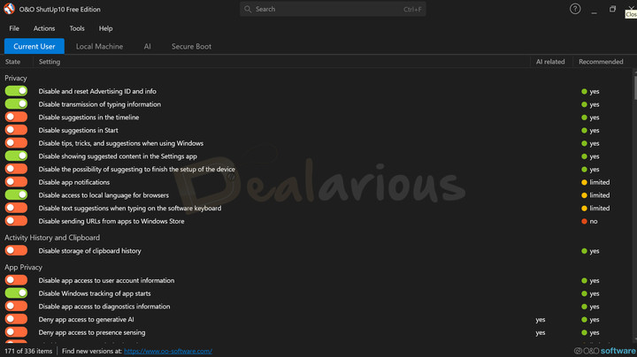o-o-shutup-10-windows-11-privacy-settings O&O ShutUp10++ privacy settings showing options to disable advertising ID, app access, tracking, and suggestions.