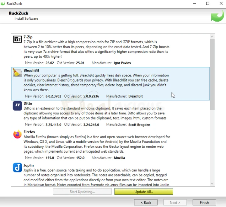 RuckZuck Outdated Software List RuckZuck listing outdated apps available to update