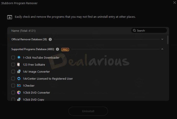 stubborn program remover IObit Uninstaller showing a list of programs that can be removed when they are difficult to uninstall normally.