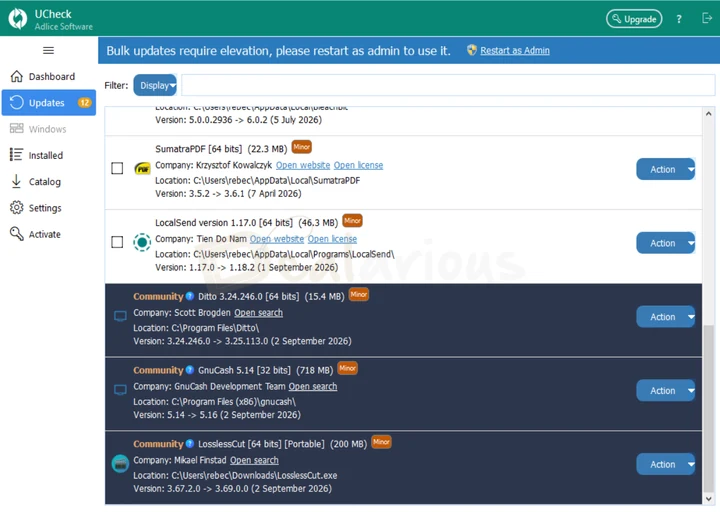 UCheck All 12 Outdated Apps UCheck listing 12 outdated apps, including three Community programs
