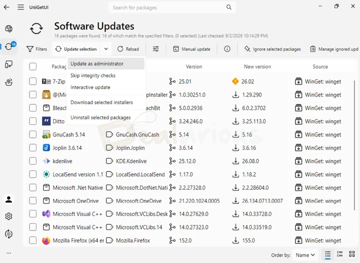 UniGetUI Outdated Apps UniGetUI listing available app updates on Windows 10