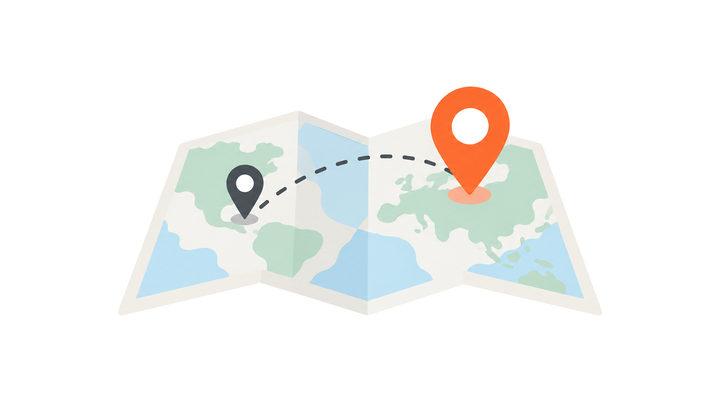 How a VPN Can Change an Apparent Location Folded map with two location pins, one highlighted in orange