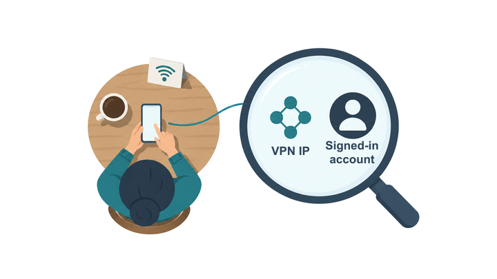 What a Website Sees When You Use a VPN Person using public Wi-Fi, with VPN IP and signed-in account shown in a magnifying glass
