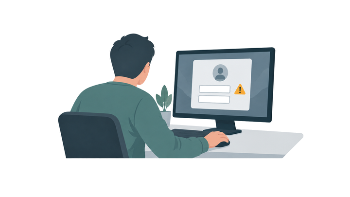 A VPN Cannot Prevent a Fake Login Person at a computer viewing a suspicious sign-in form with a warning symbol