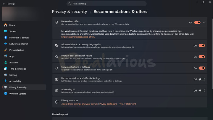 windows-11-recommendation-and-offers-privacy-settings Windows 11 Recommendations & offers settings for managing personalized offers and advertising.