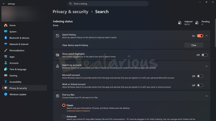 windows-11-search-privacy-settings Windows 11 Search privacy settings showing search history, account search, and file indexing options.