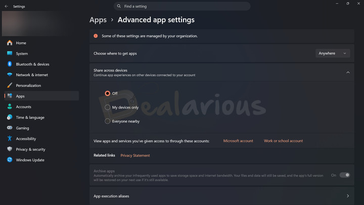windows-11-share-across-devices-settings Windows 11 Advanced app settings showing Share across devices options for controlling app experiences across connected devices.