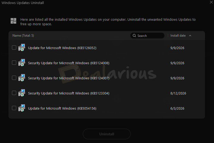 windows updates uninstall IObit Uninstaller displaying installed Windows updates with options to select and uninstall them.