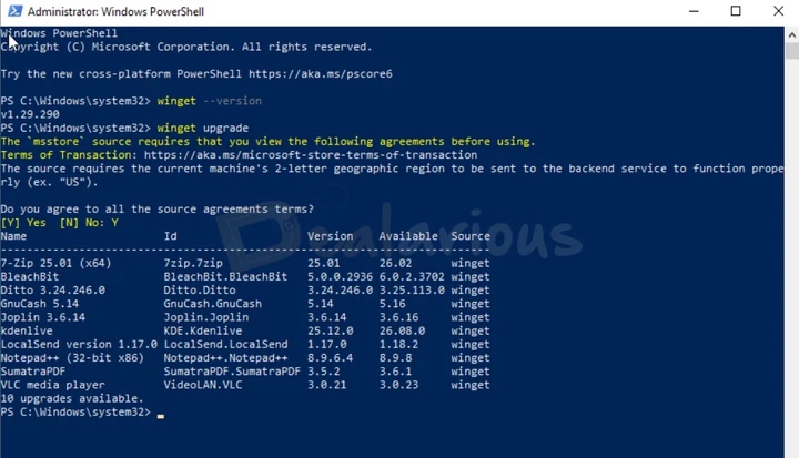WinGet Update Check Windows PowerShell showing 10 app updates found by winget upgrade