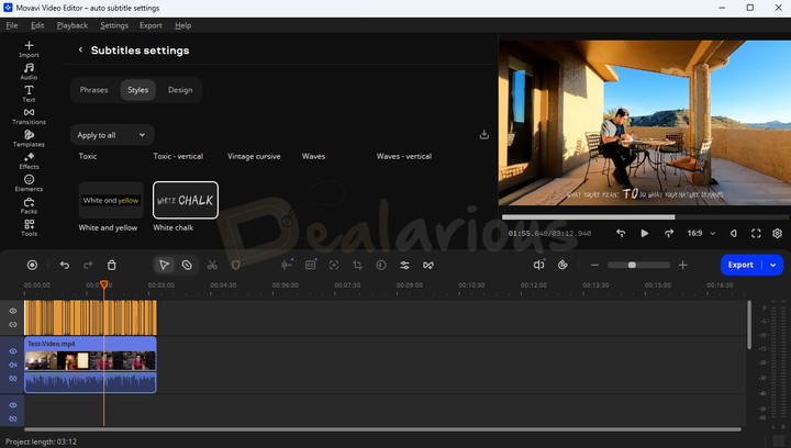 auto subtitle settings Movavi Video Editor subtitle settings showing style options for automatically generated subtitles and a video preview with captions