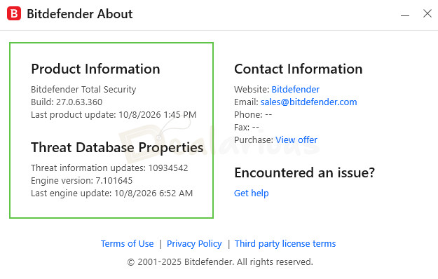 bitdefender-version-and-build-check Bitdefender About window showing Total Security build version and threat database update details.