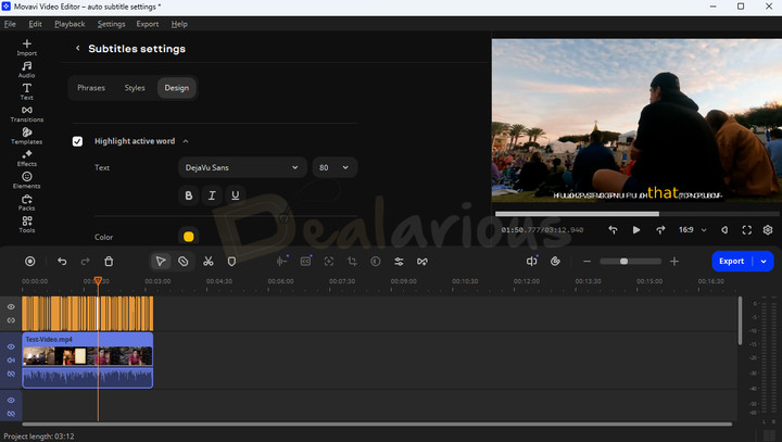 highlight-active-word-auto-subtitles Movavi Video Editor 2027 subtitle design settings showing the Highlight active word option with font and text formatting controls.